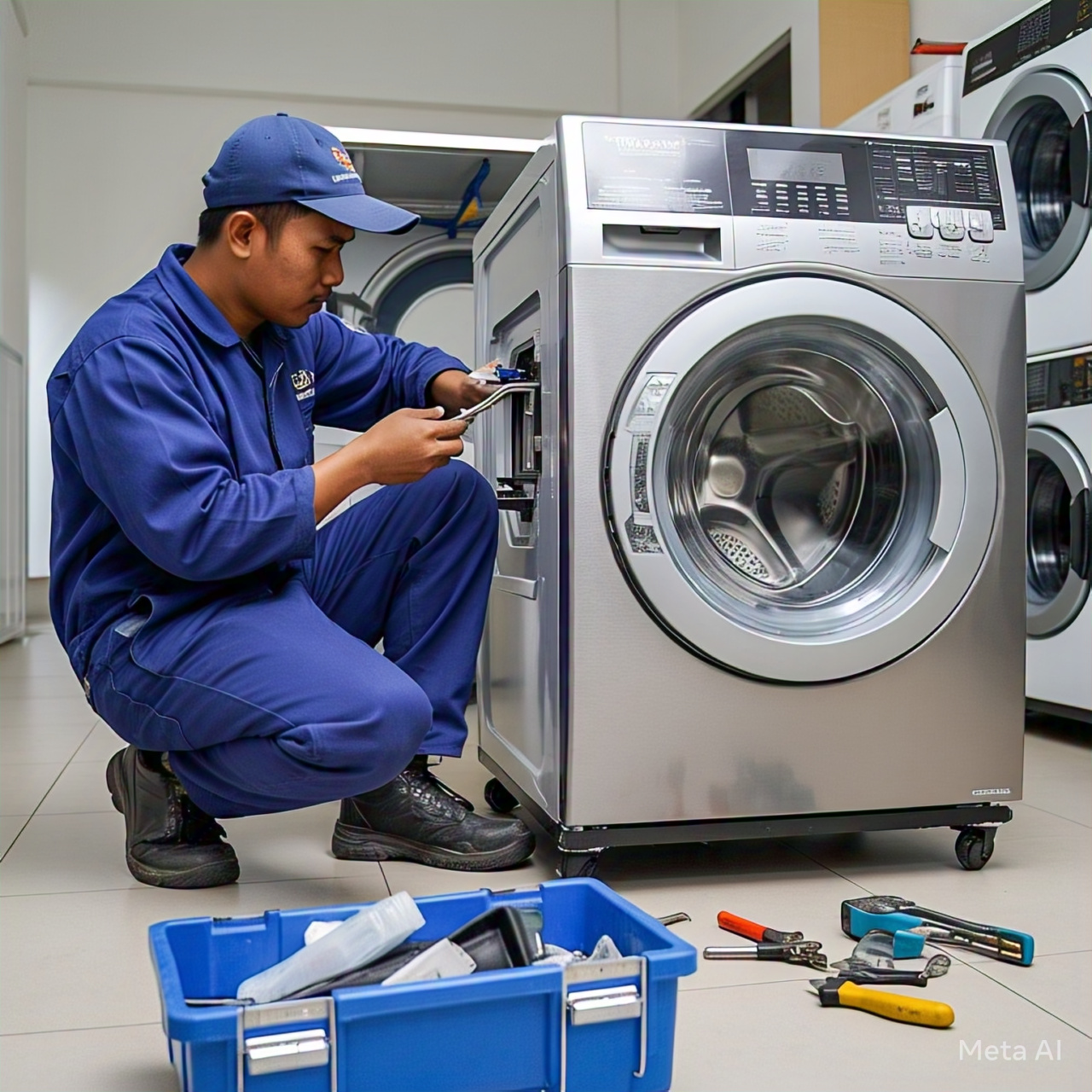 Teknisi Aman Teknik Surabaya sedang memperbaiki mesin cuci yang rusak