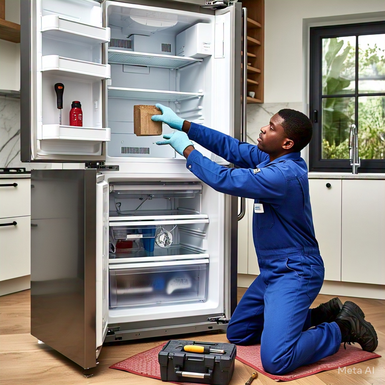 Teknisi profesional memeriksa kompresor pendingin freezer box
