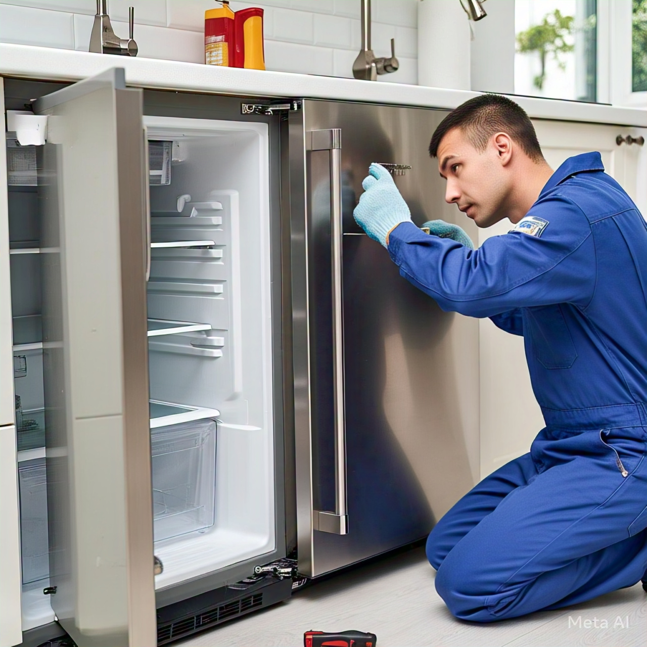 Teknisi spesialis showcase mendinginkan kembali lemari kaca minuman toko di Surabaya